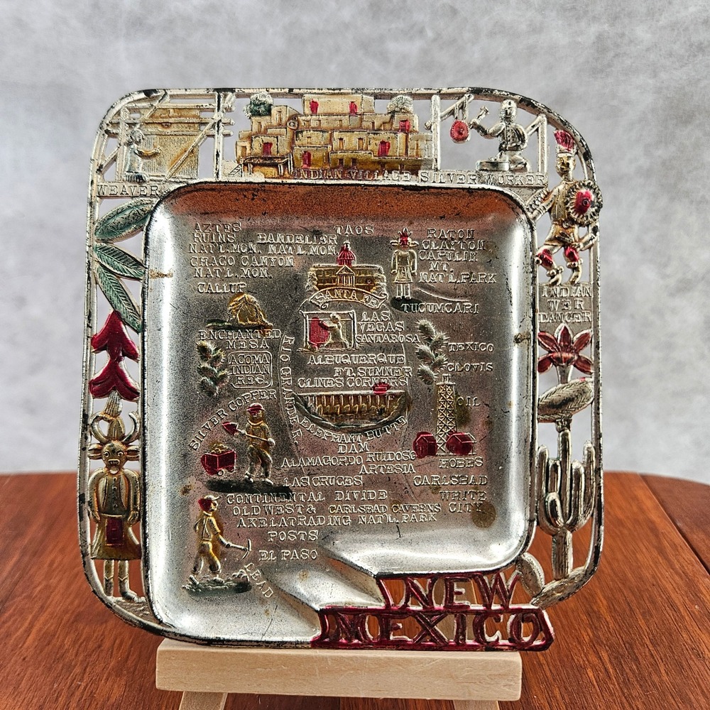 New Mexico Vtg Souvenir Trinket  Ash Metal Tray Made in Japan Map Indian Village